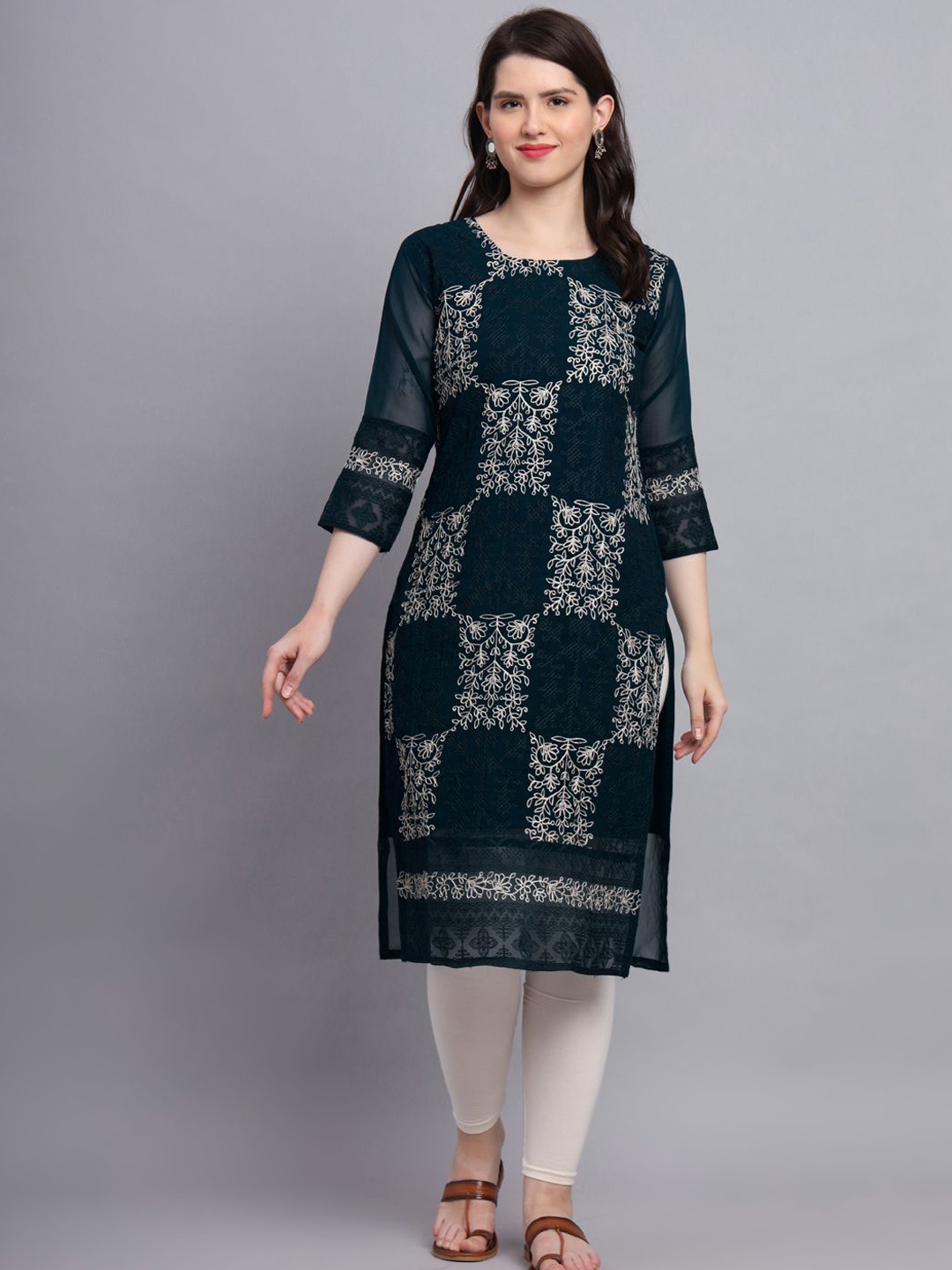 

HERE&NOW Women Floral Embroidered Thread Work Georgette Kurta, Teal