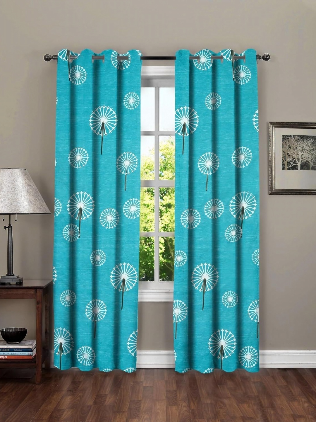 

Aura Green & White Set of 2 Geometric Window Curtain