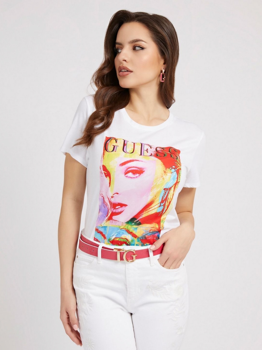 

GUESS Women Typography Printed Pockets T-shirt, White