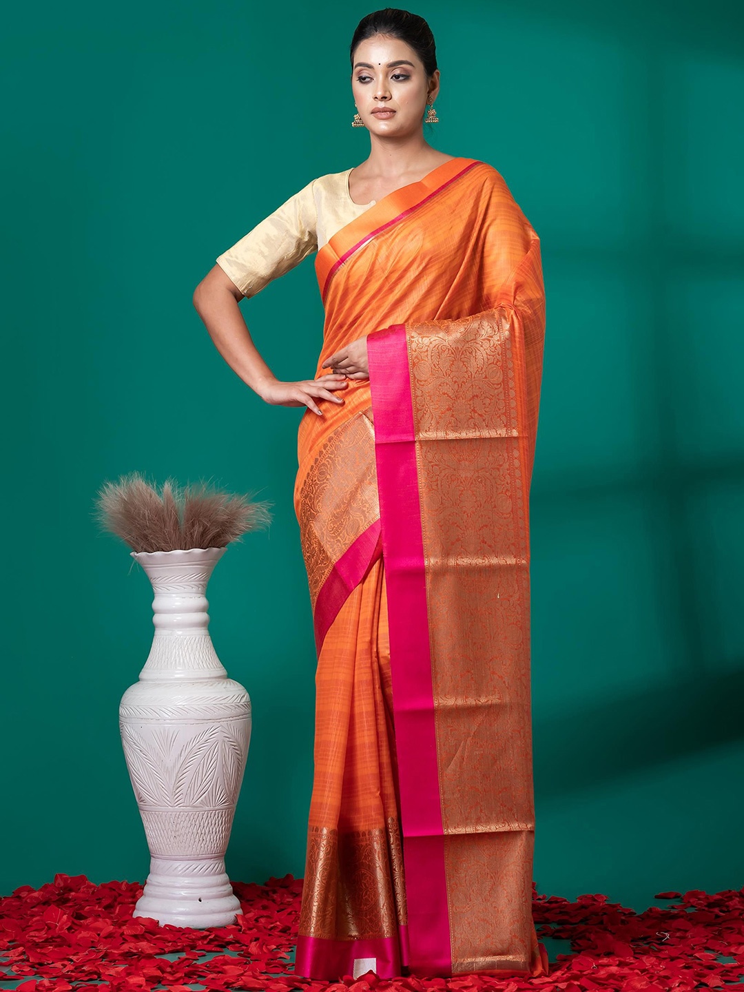 

VIBHAVARI Woven Design Zari Silk Cotton Fusion Saree, Orange