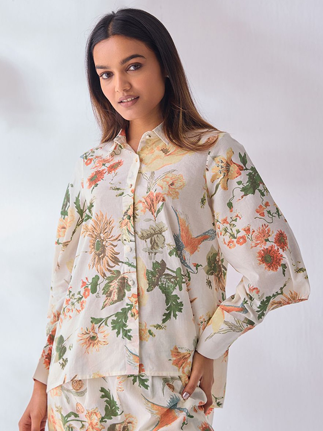 

Ancestry Women Spread Collar Floral Printed Cotton Oversized Casual Shirt, Off white
