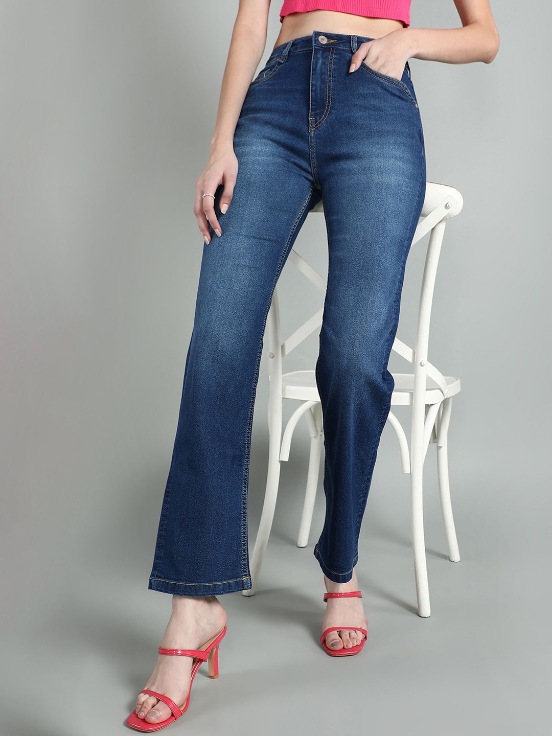 

GUTI Women Flared High-Rise Mildly Distressed Light Fade Stretchable Jeans, Blue