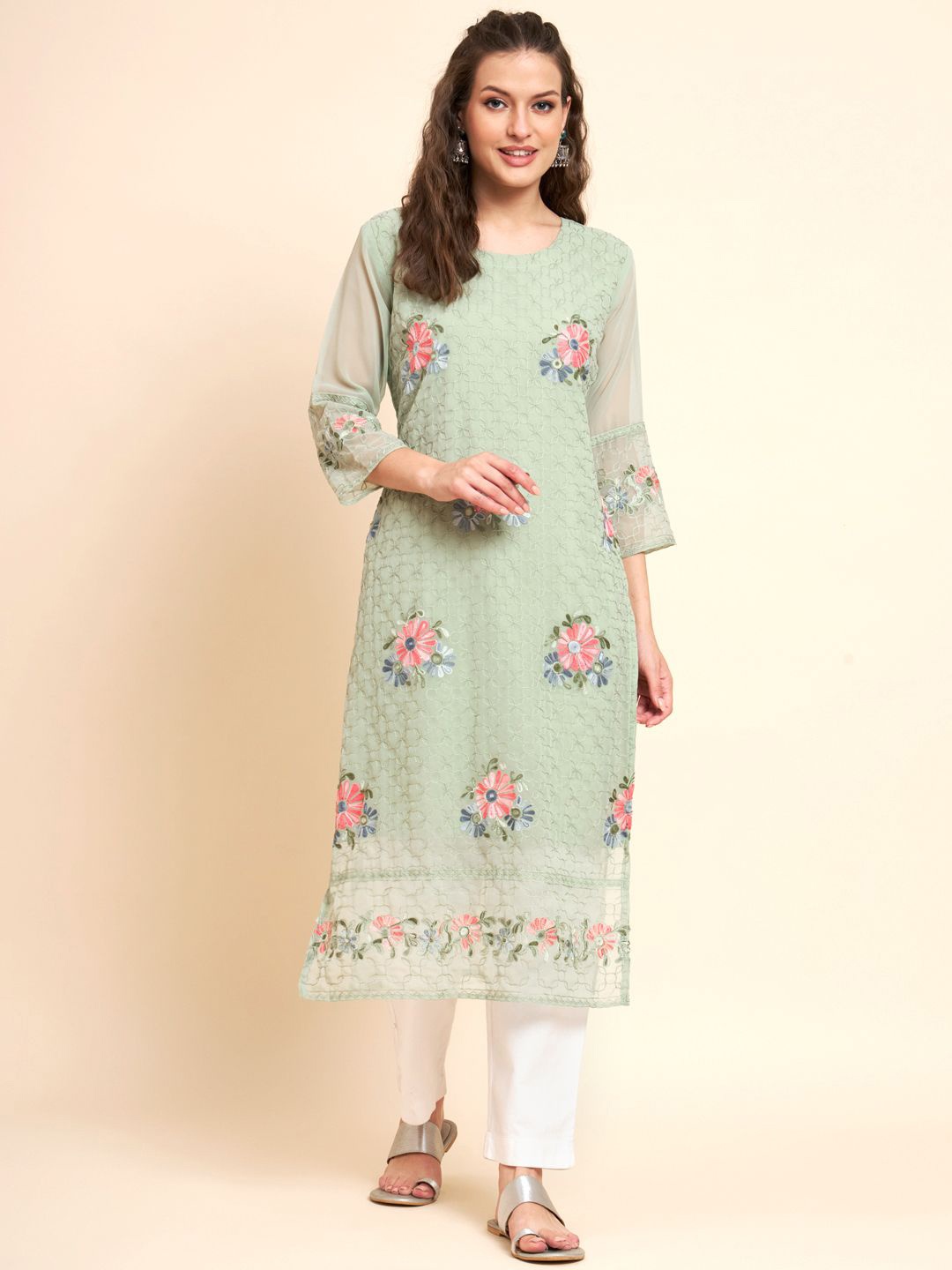 

HERE&NOW Women Floral Embroidered Thread Work Georgette Kurta, Olive