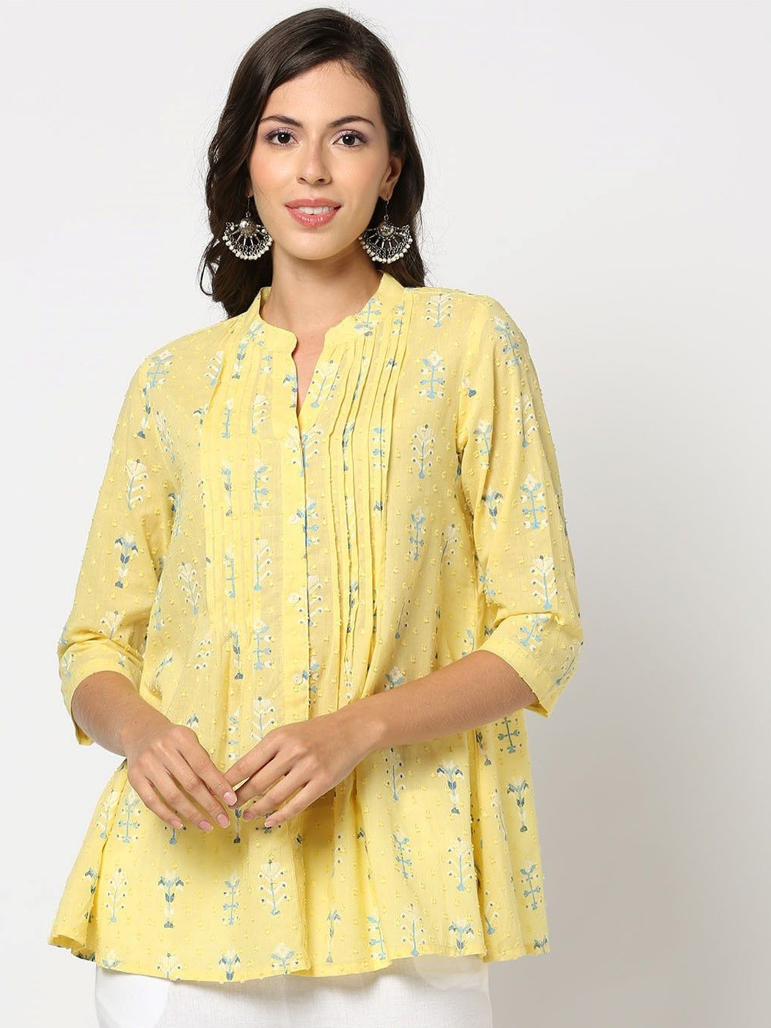 

all about you Floral Print Tie-Up Neck Cotton High-Low Longline Top, Cream