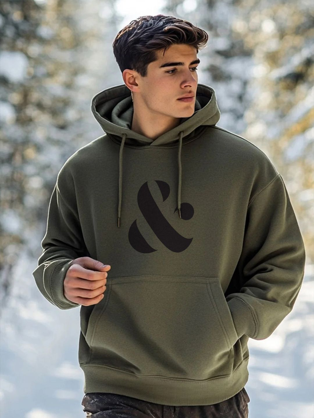 

NOBERO Men Oversized Back Print Hooded Sweatshirts, Olive