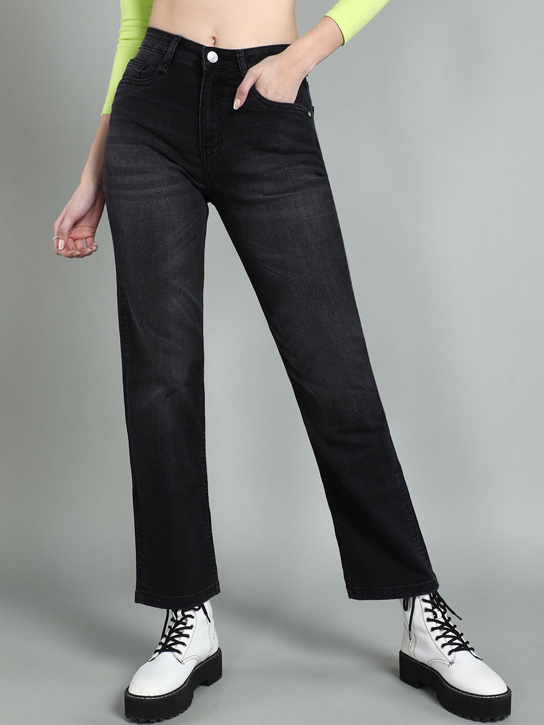 

GUTI Women Straight Fit High-Rise Light Fade Stretchable Jeans, Black