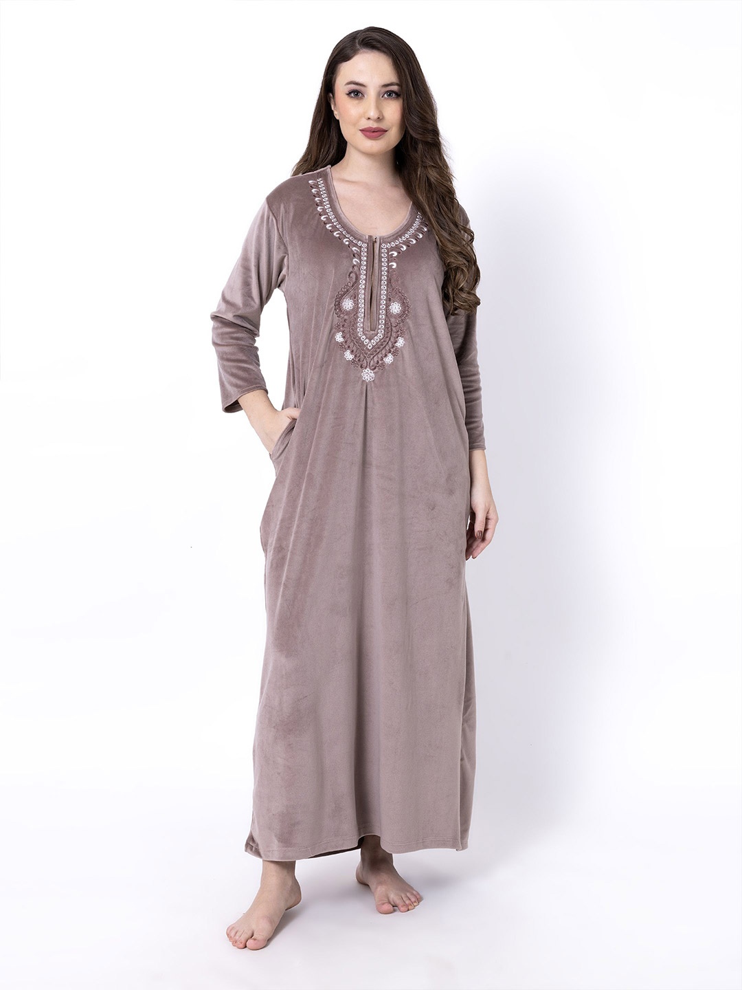 

AVYAY Embroidered Nightdress, Beige