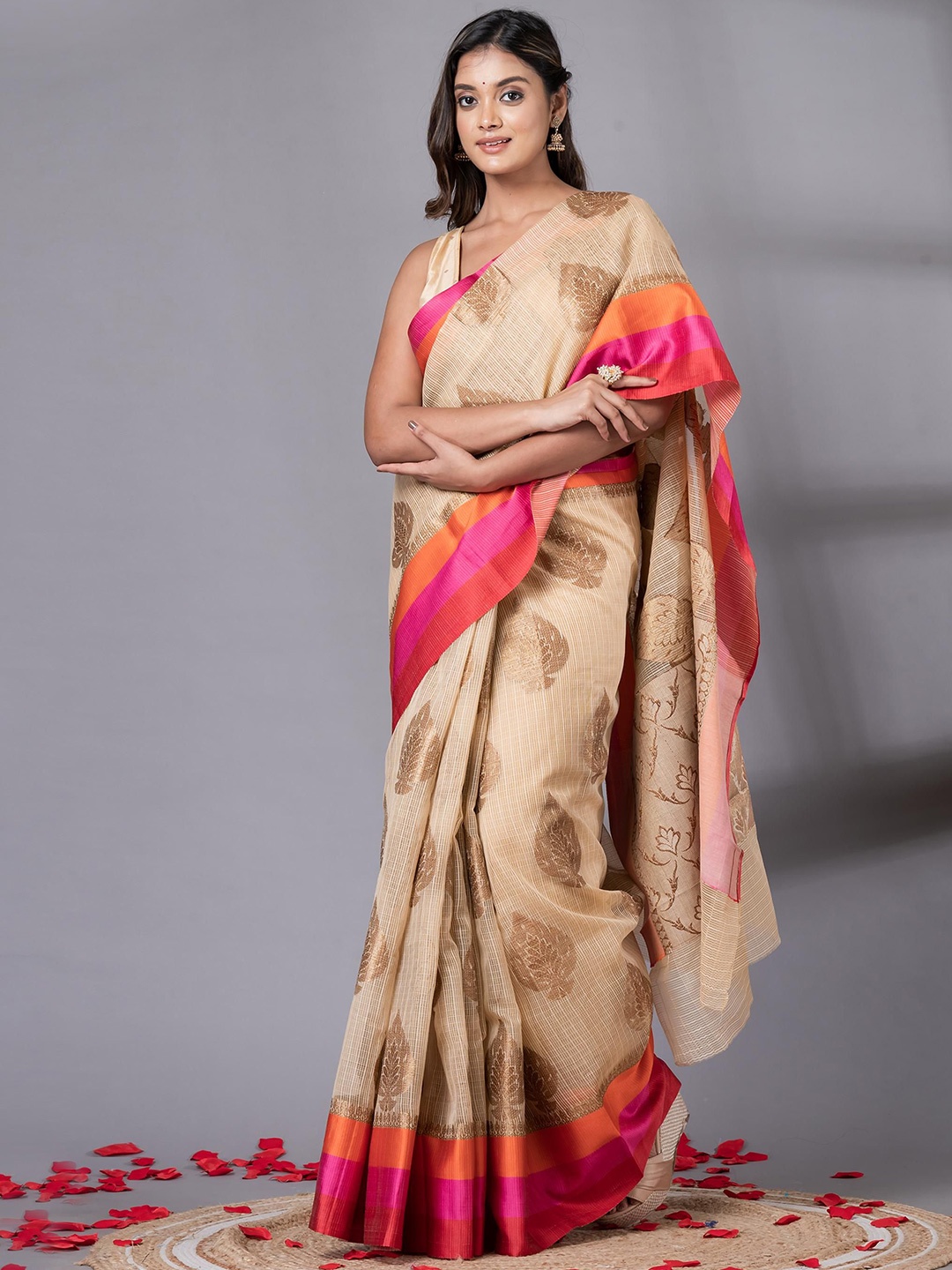 

VIBHAVARI Woven Design Fusion Saree, Beige