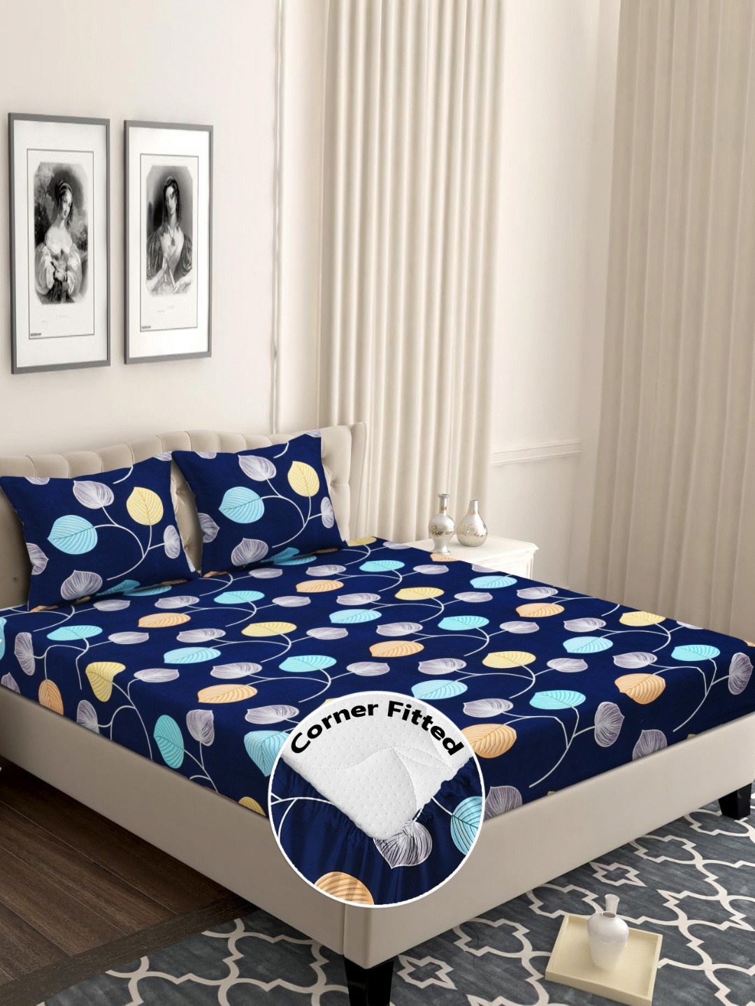 

bsb home Navy Blue & Yellow Floral 210 TC Queen Bedsheet with 2 Pillow Covers
