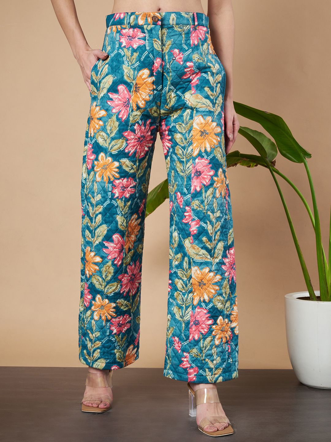 

KALINI Women Floral Printed Relaxed High-Rise Coated Trousers, Teal