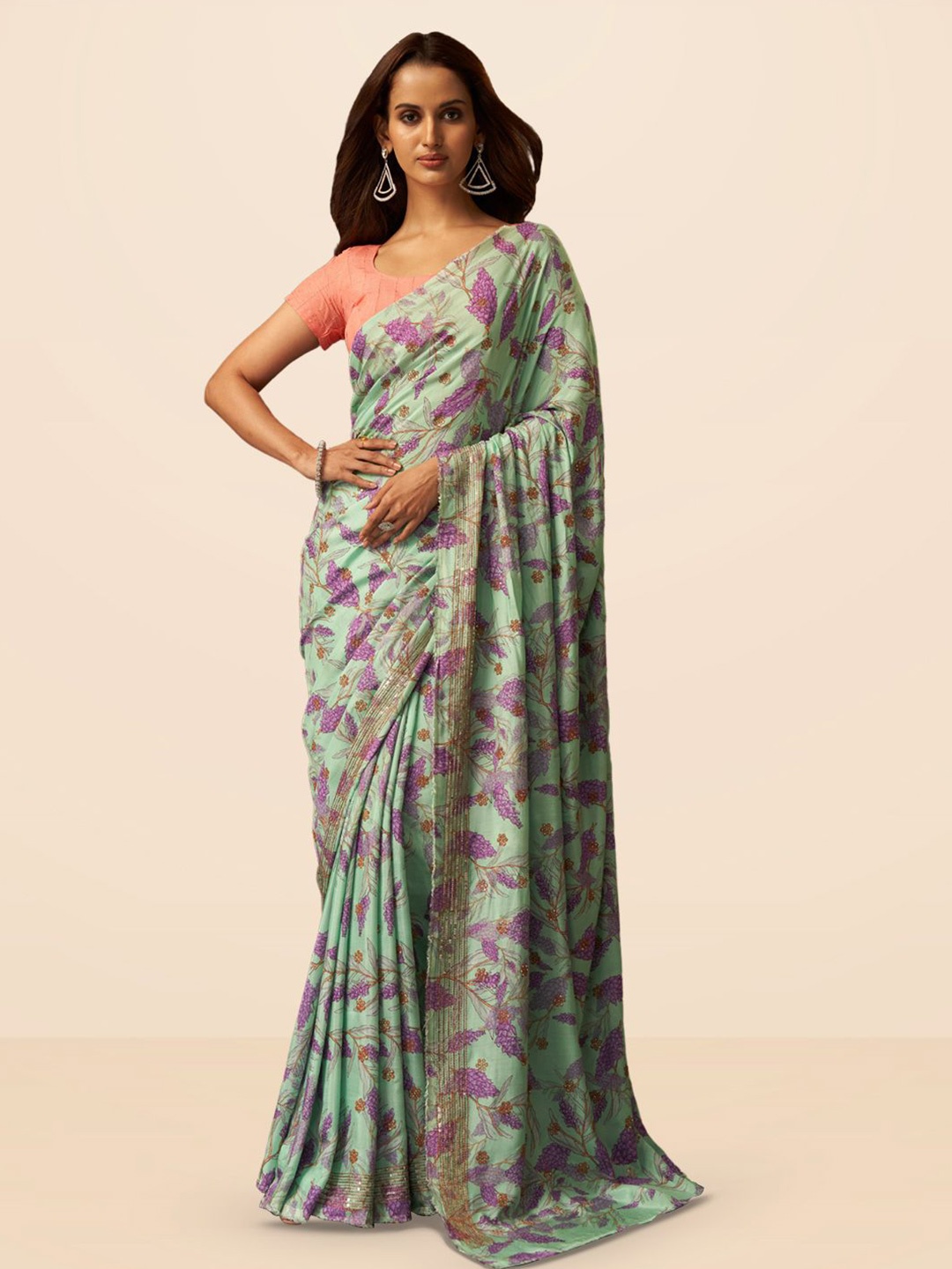 

SARHA Floral Pure Georgette Saree, Sea green