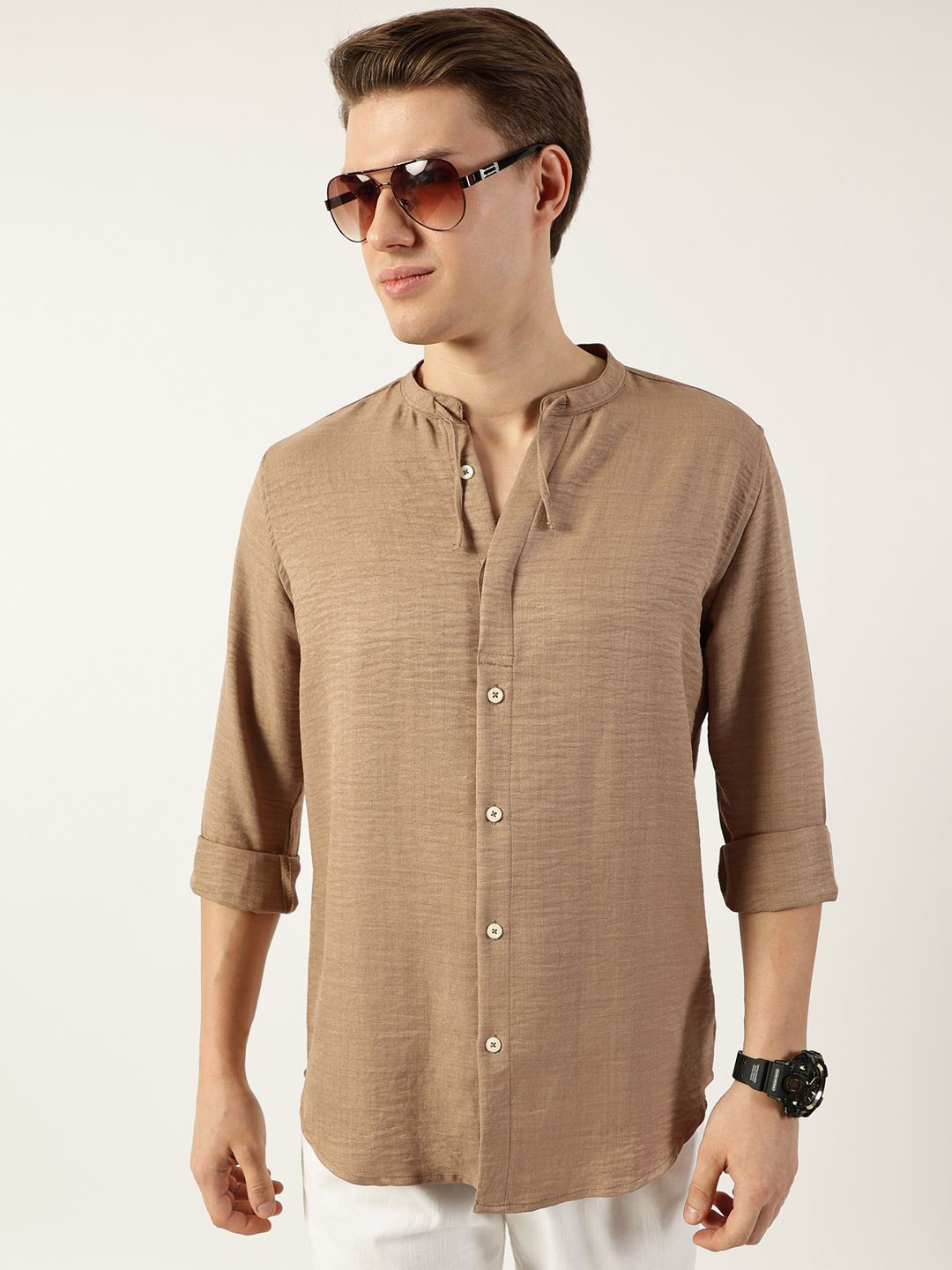 

Thomas Scott Men Classic Mandarin Collar Solid Slim Fit Casual Shirt, Beige