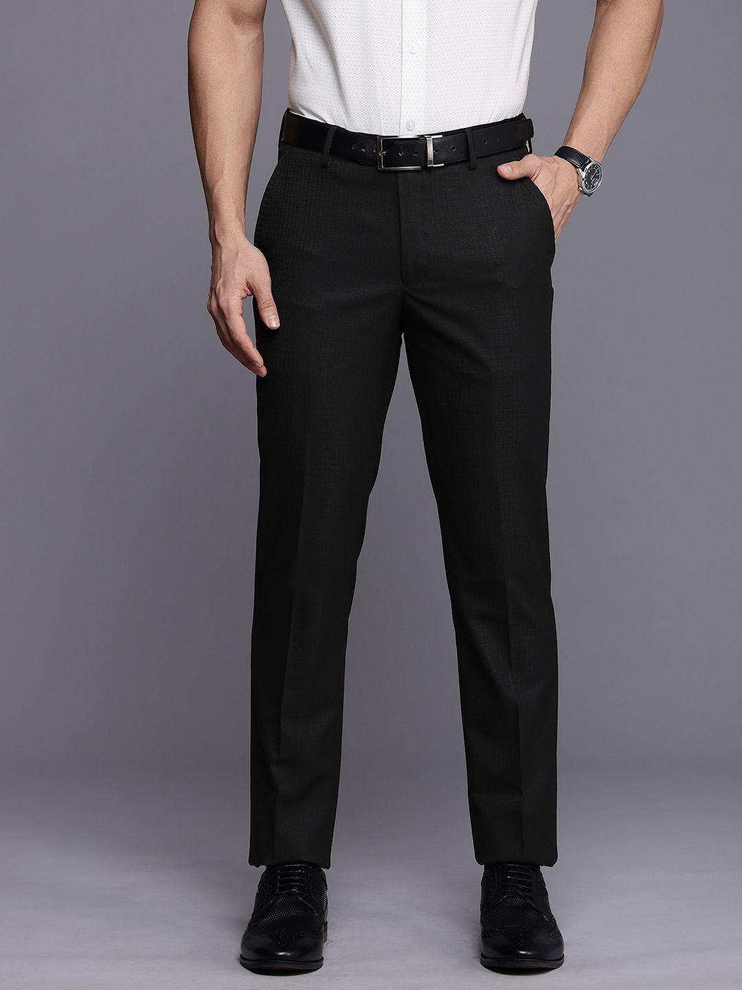 

Louis Philippe Men Checked Slim Fit Formal Trousers, Black