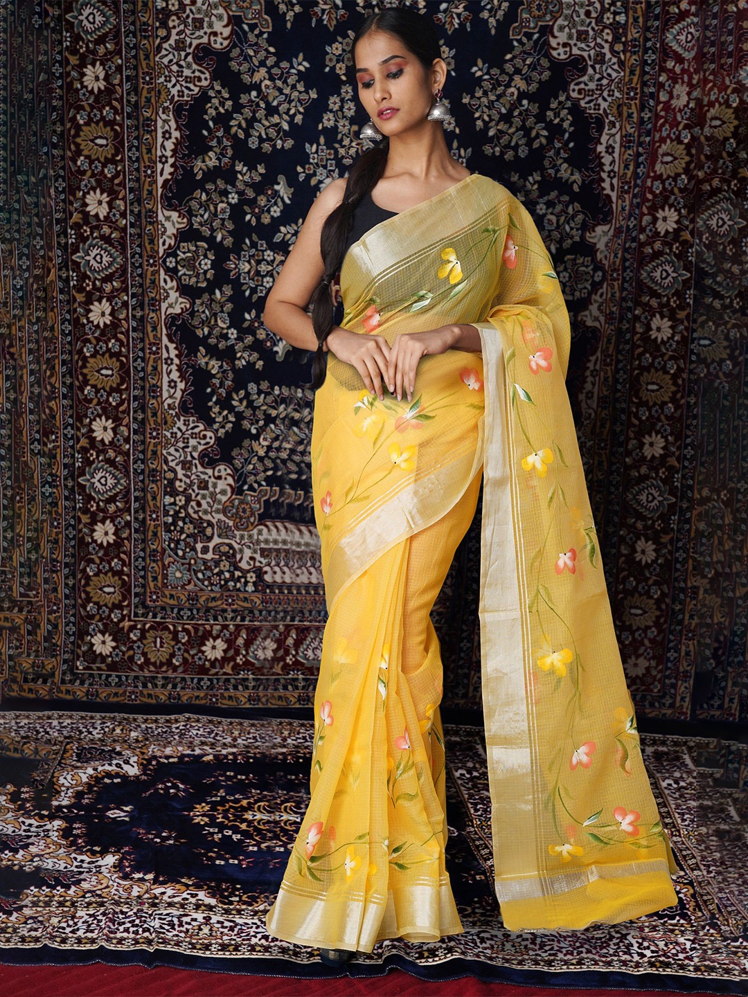 

Unnati Silks Floral Zari Net Handloom Kota Saree, Yellow