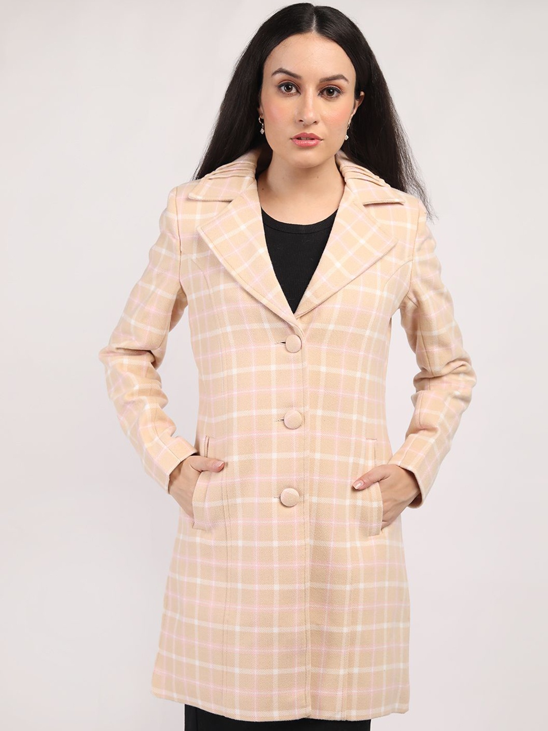 

The Roadster Lifestyle Co Checked Long Sleeve Single Breasted Winter Coat, Beige