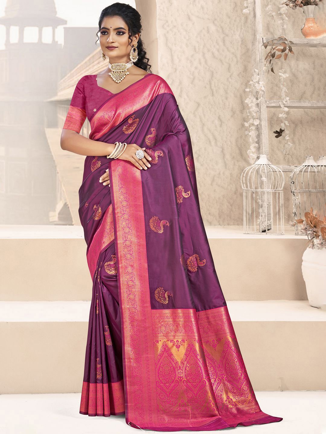 

SANGAM PRINTS Woven Design Zari Silk Blend Designer Tussar Saree, Burgundy