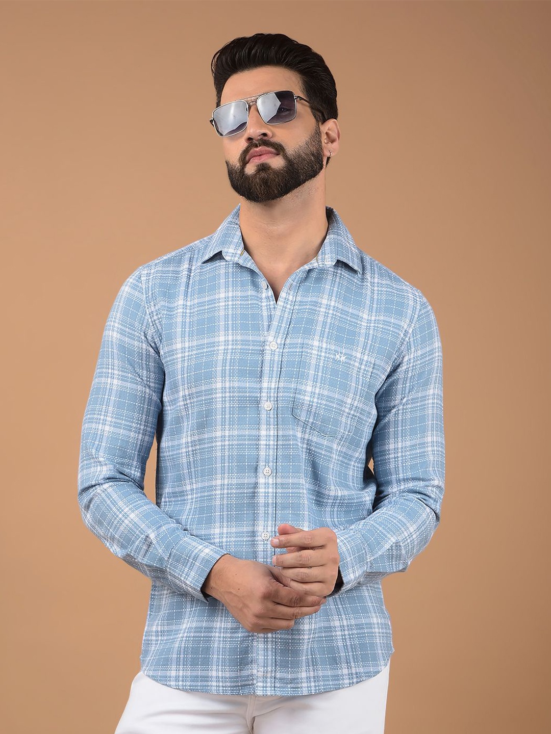 

Crimsoune Club Men Classic Spread Collar Checked Cotton Slim Fit Casual Shirt, Blue