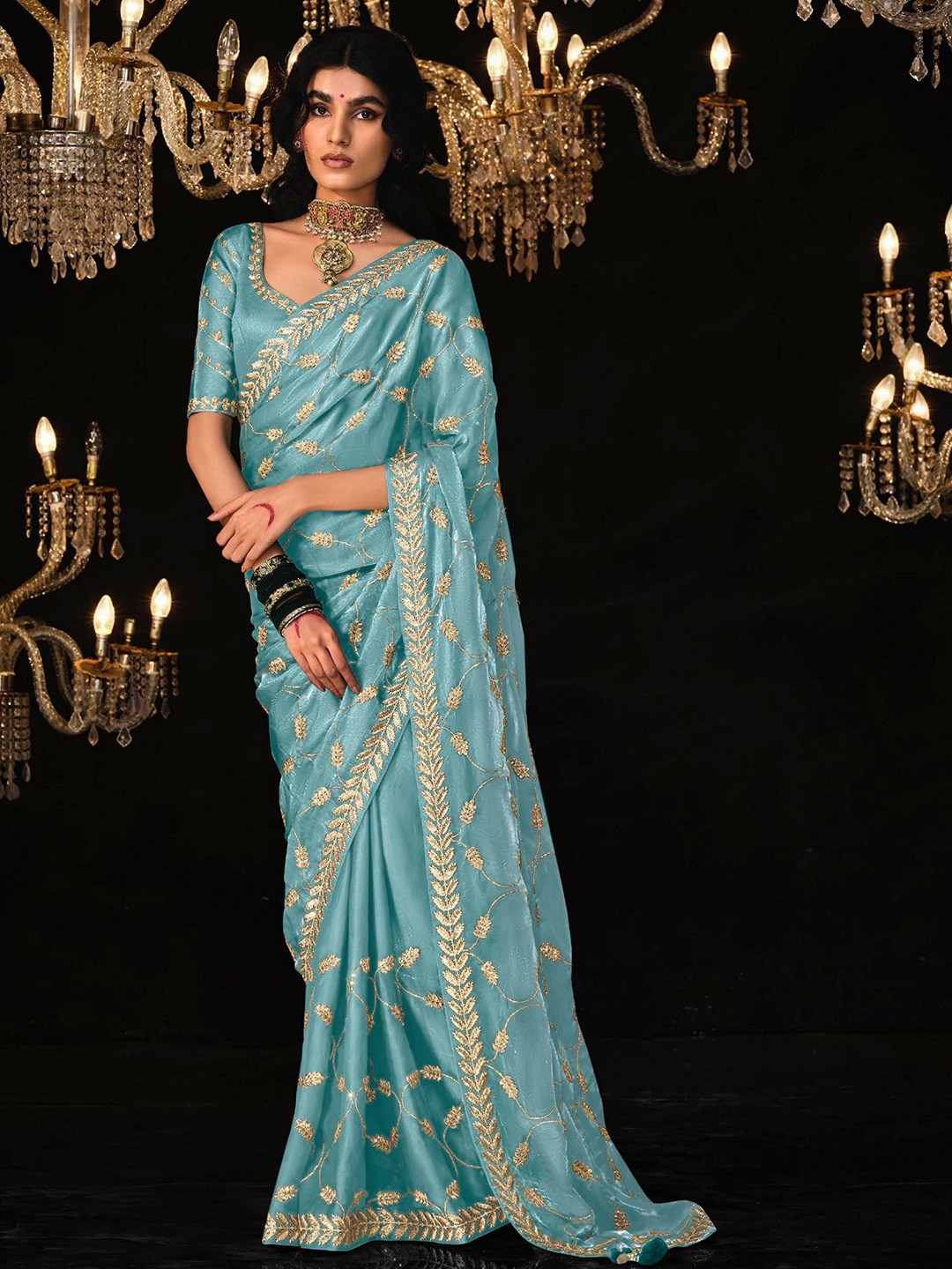 

MAHALASA Ethnic Motifs Embroidered Tissue Saree, Turquoise blue