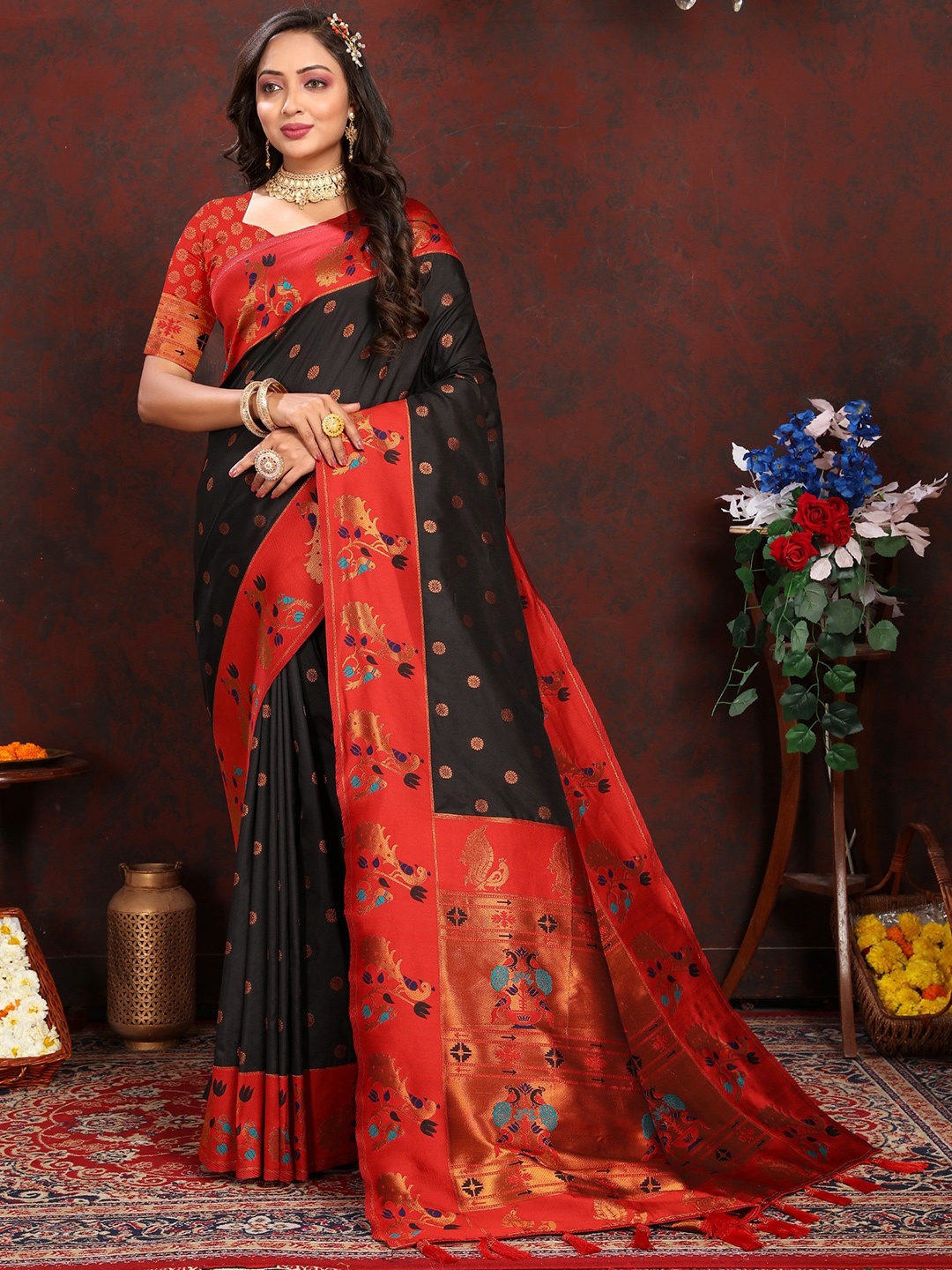 

Anaita Woven Design Zari Silk Blend Paithani Saree, Black