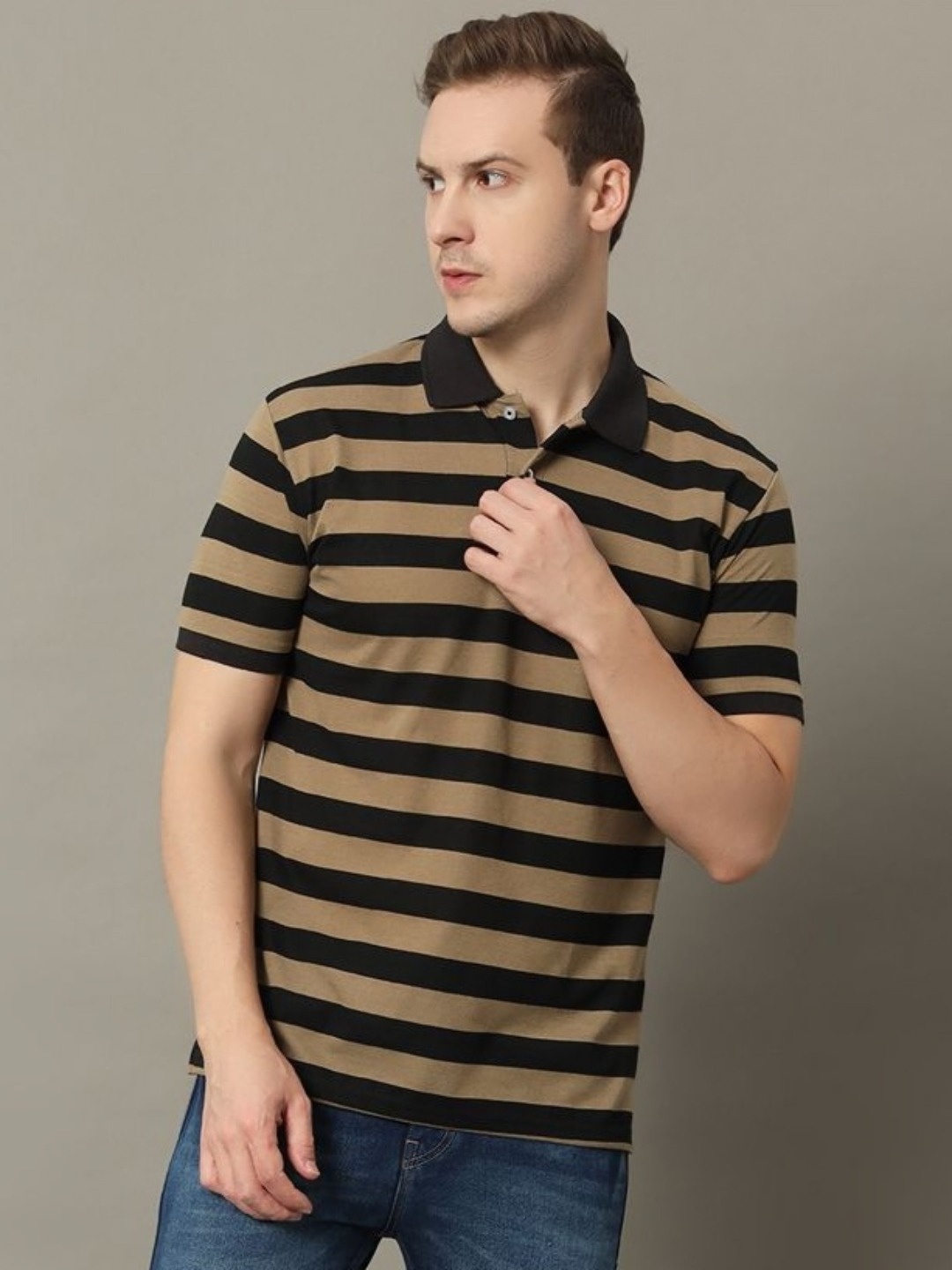 

GET GOLF Men Striped Polo Collar Cotton T-shirt, Black