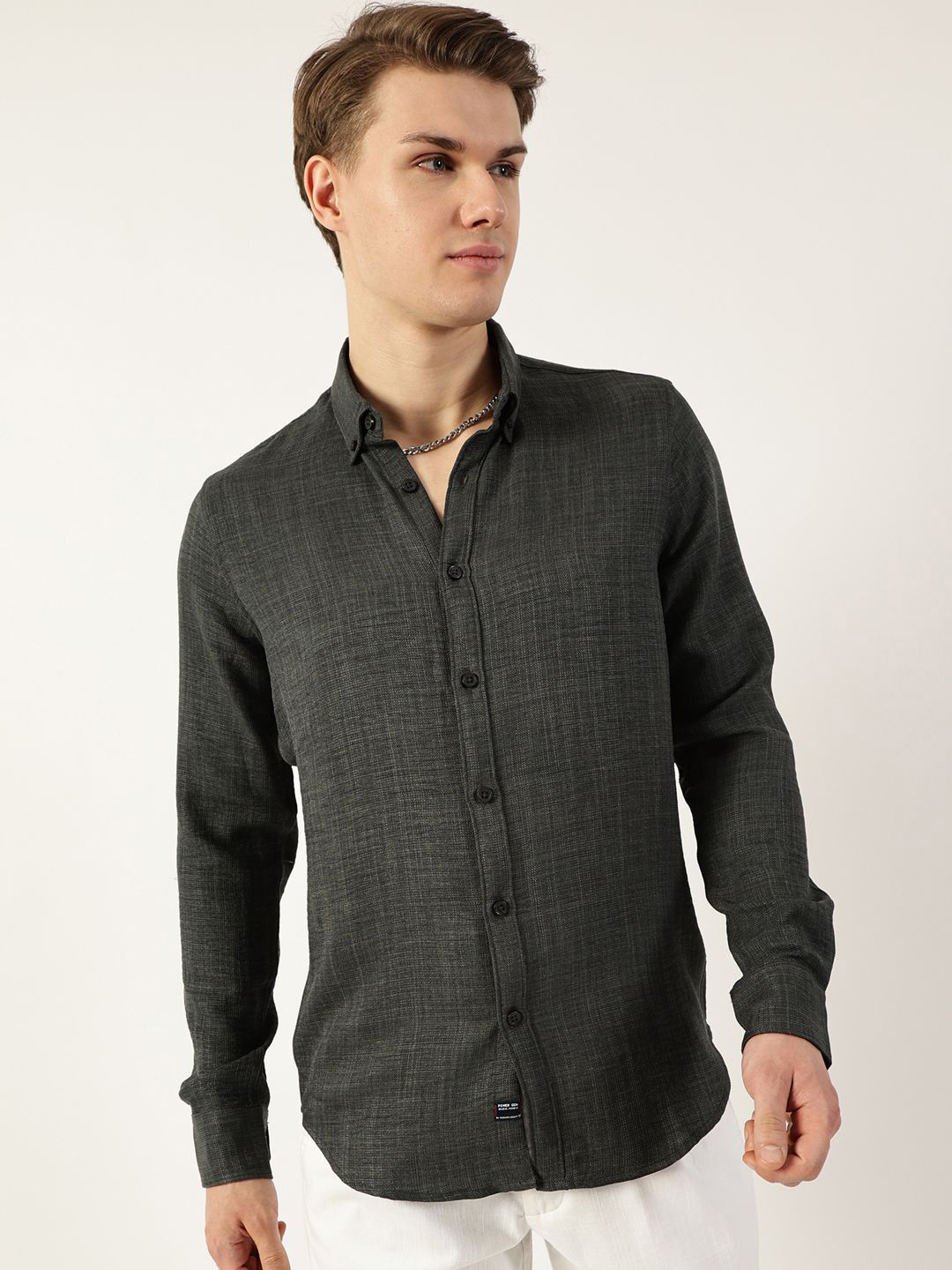 

Thomas Scott Men Classic Button-Down Collar Solid Slim Fit Casual Shirt, Grey