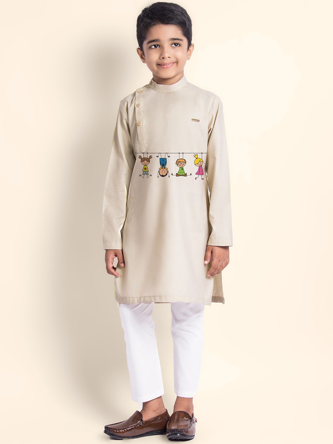 

DEVOILER Boys Ethnic Motifs Printed Thread Work Kurta, Beige