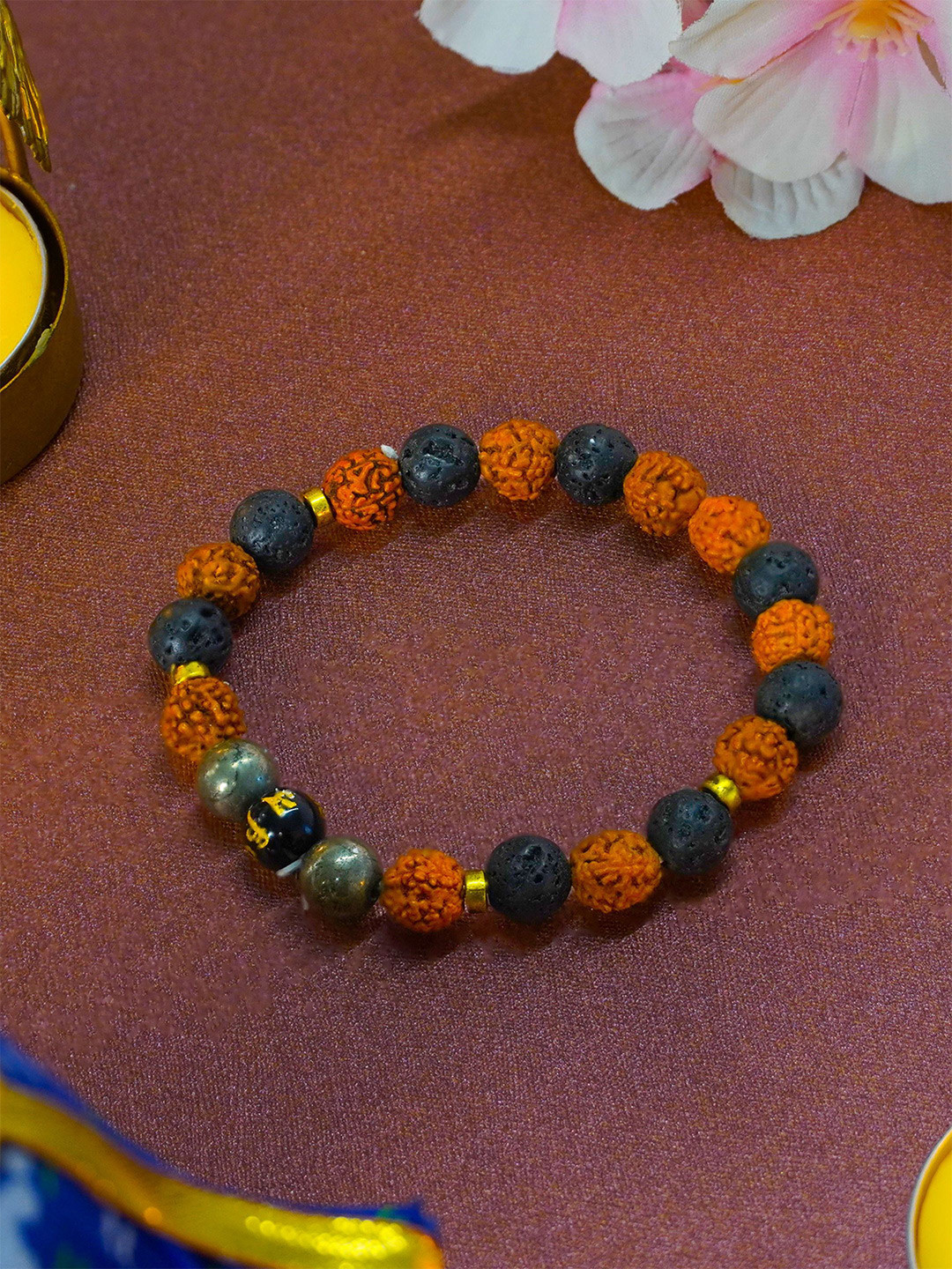 

Japam Om Mani Padme Hum Band with Rudraksha, Pyrite and Lava Beads, Gold