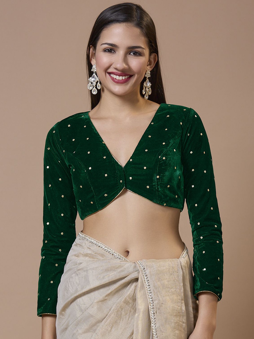 

SALWAR STUDIO V-Neck Full Sleeve Velvet Padded Ready-to-Wear Winter Blouse, Green