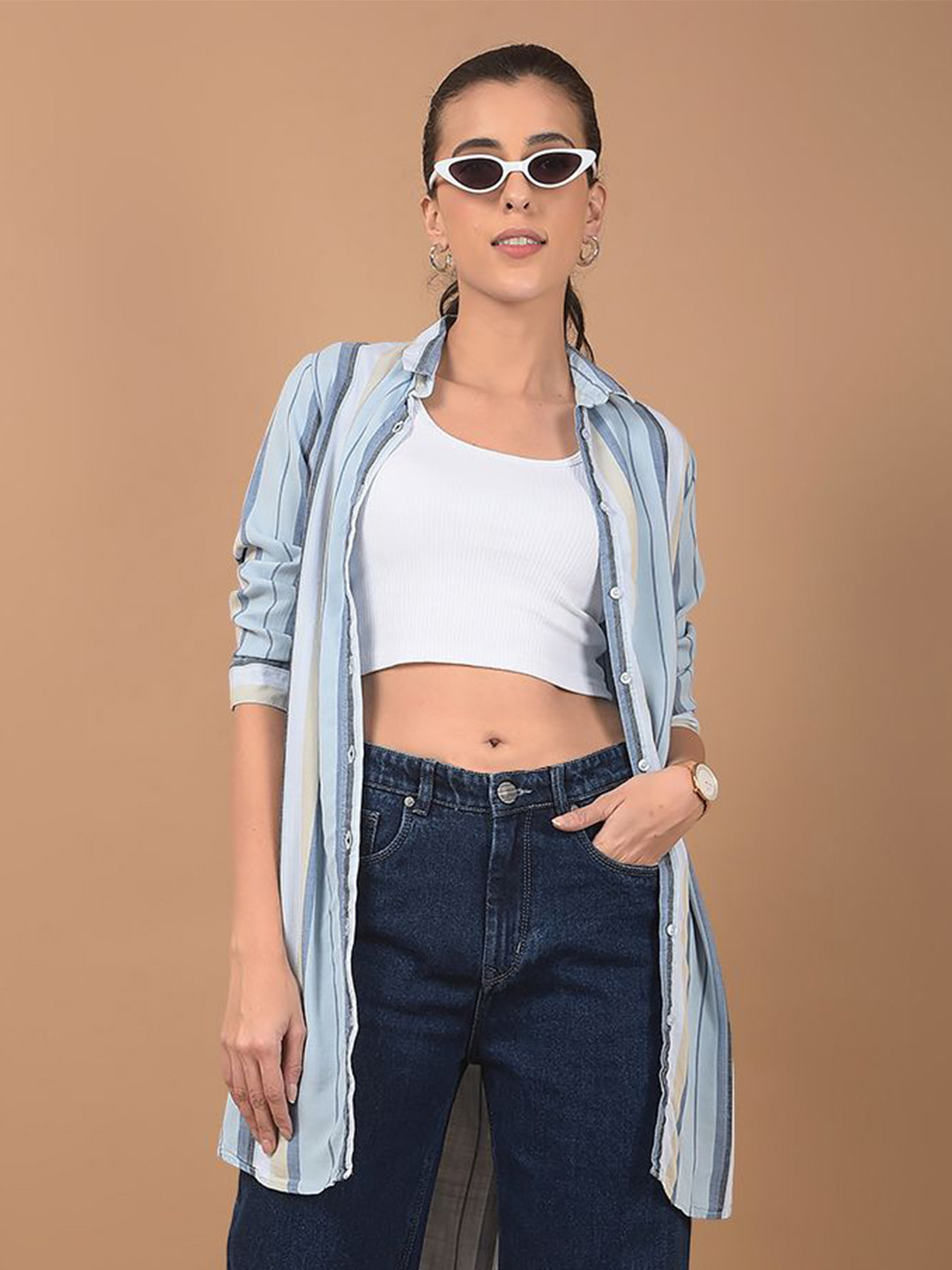 

Crimsoune Club Women Classic Spread Collar Multi Striped Cotton Slim Fit Casual Shirt, Blue
