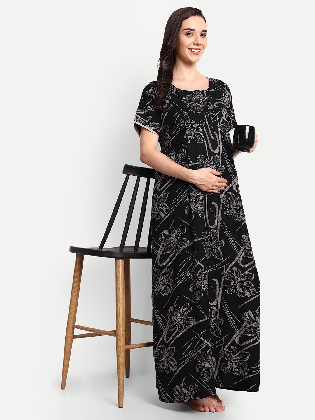 

THE MAMA KLUB Printed Maxi Nightdress, Black