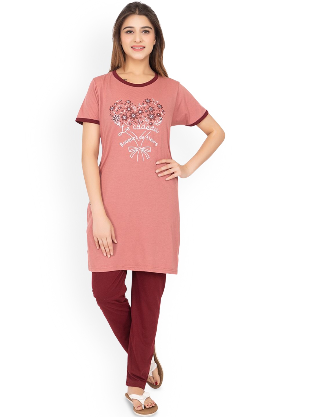

BUFFARO Women Printed Night suit, Maroon