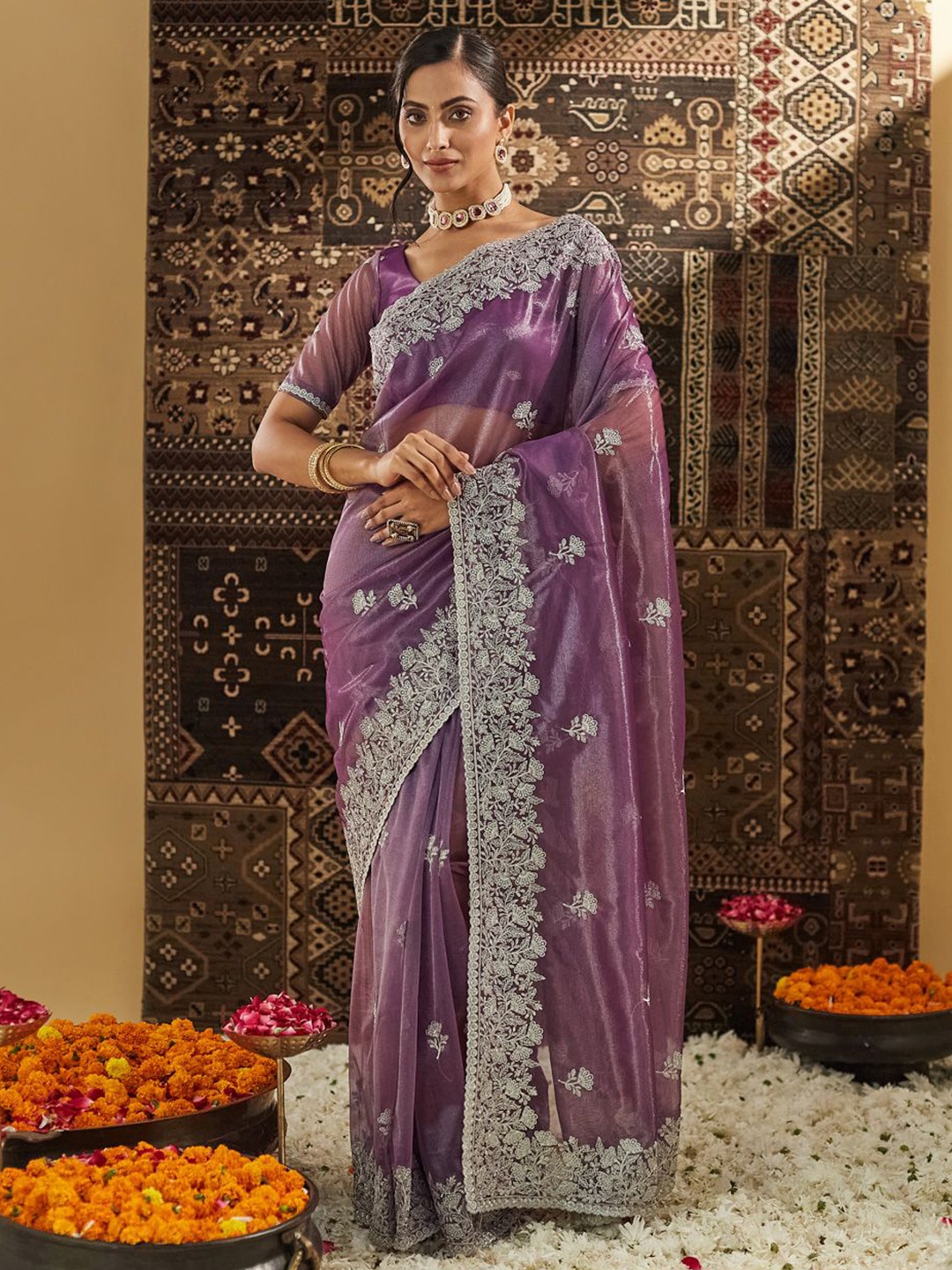 

kasee Floral Embroidered Supernet Saree, Lavender