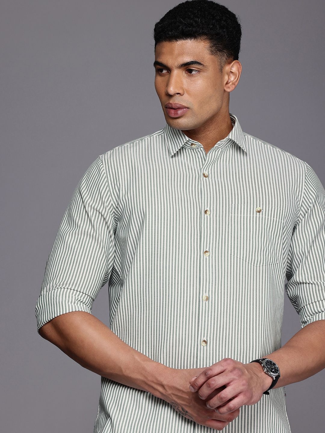 

Louis Philippe Sport Pure Cotton Slim Fit Opaque Striped Casual Shirt, Green