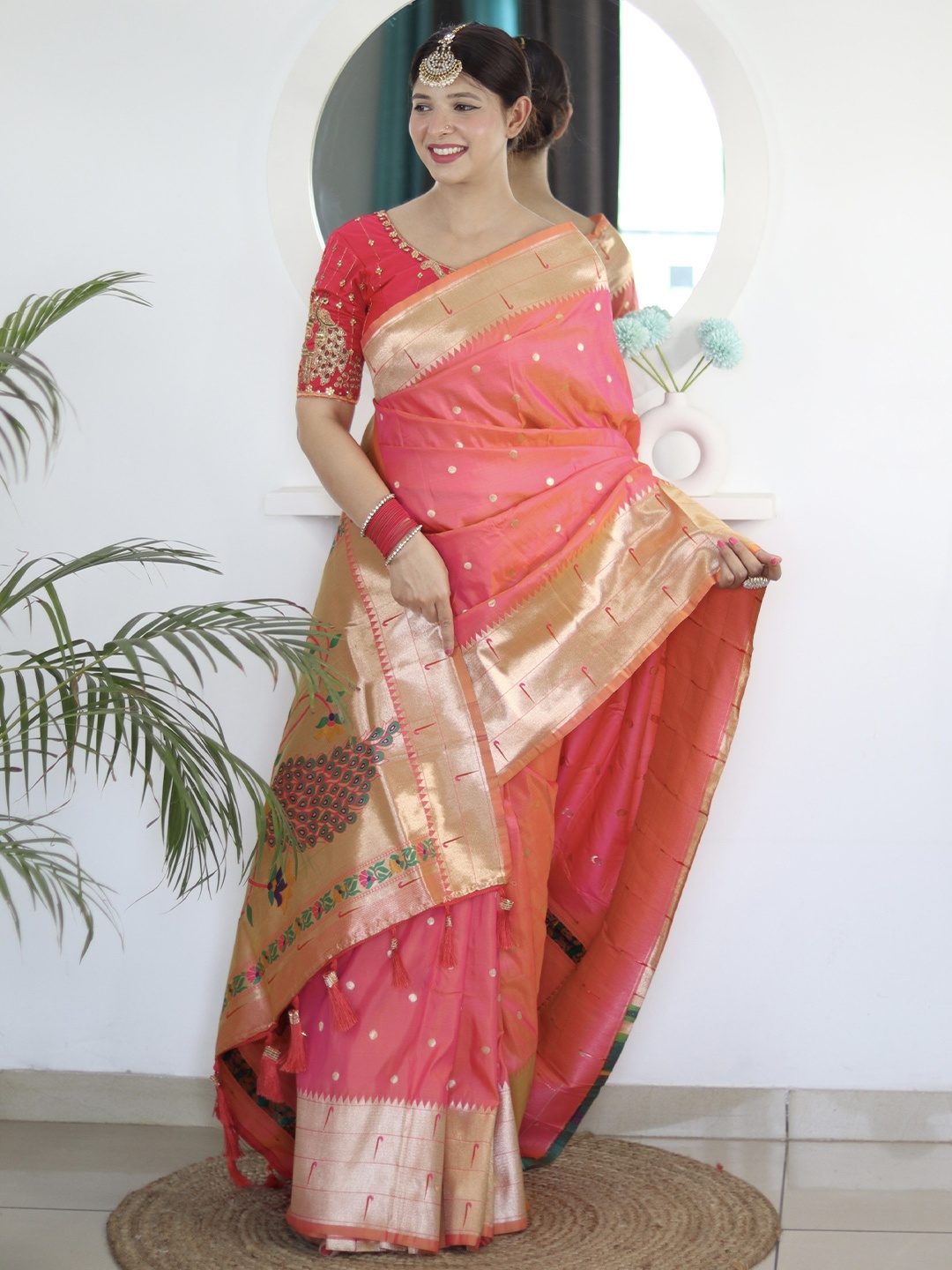 

Anaita Woven Design Zari Silk Blend Paithani Saree, Peach
