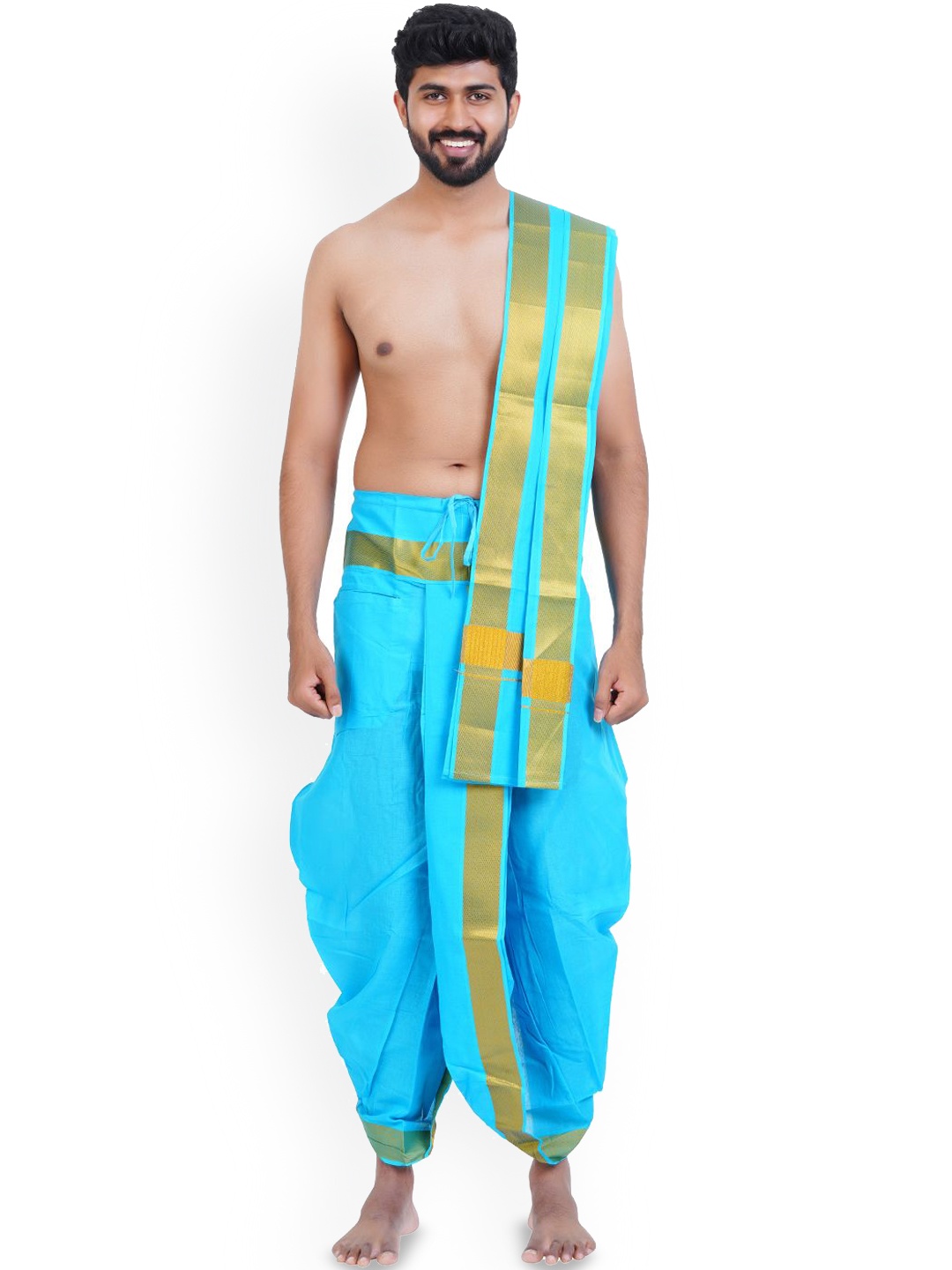 

Ethazh Mens Cotton 9*5 Colour 100 K Jarigai Sea Blue Panchakacham with Angavasthiram, Turquoise blue
