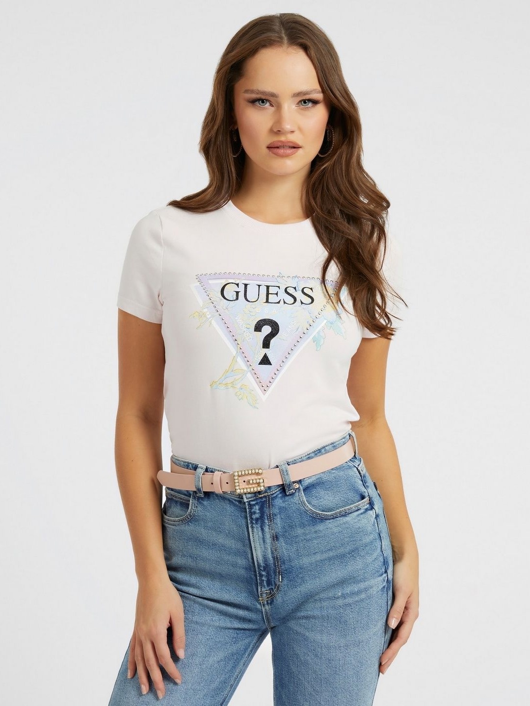 

GUESS Women Typography Printed Raw Edge T-shirt, White