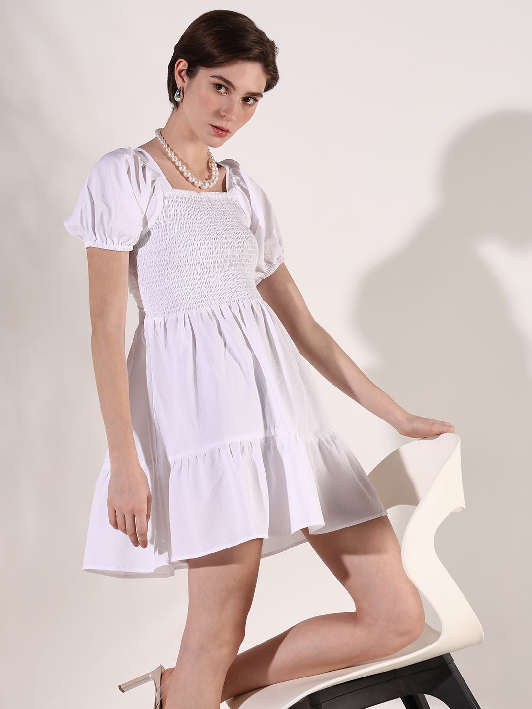 

SHOWOFF Square Neck Smocked Detail Fit & Flare Dress, White