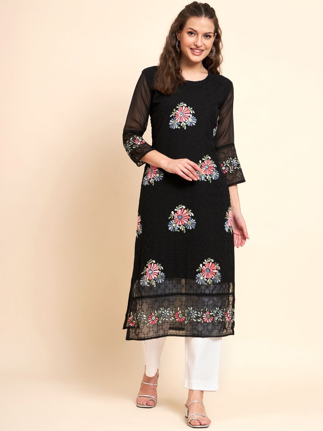 

HERE&NOW Women Floral Embroidered Thread Work Georgette Kurta, Black