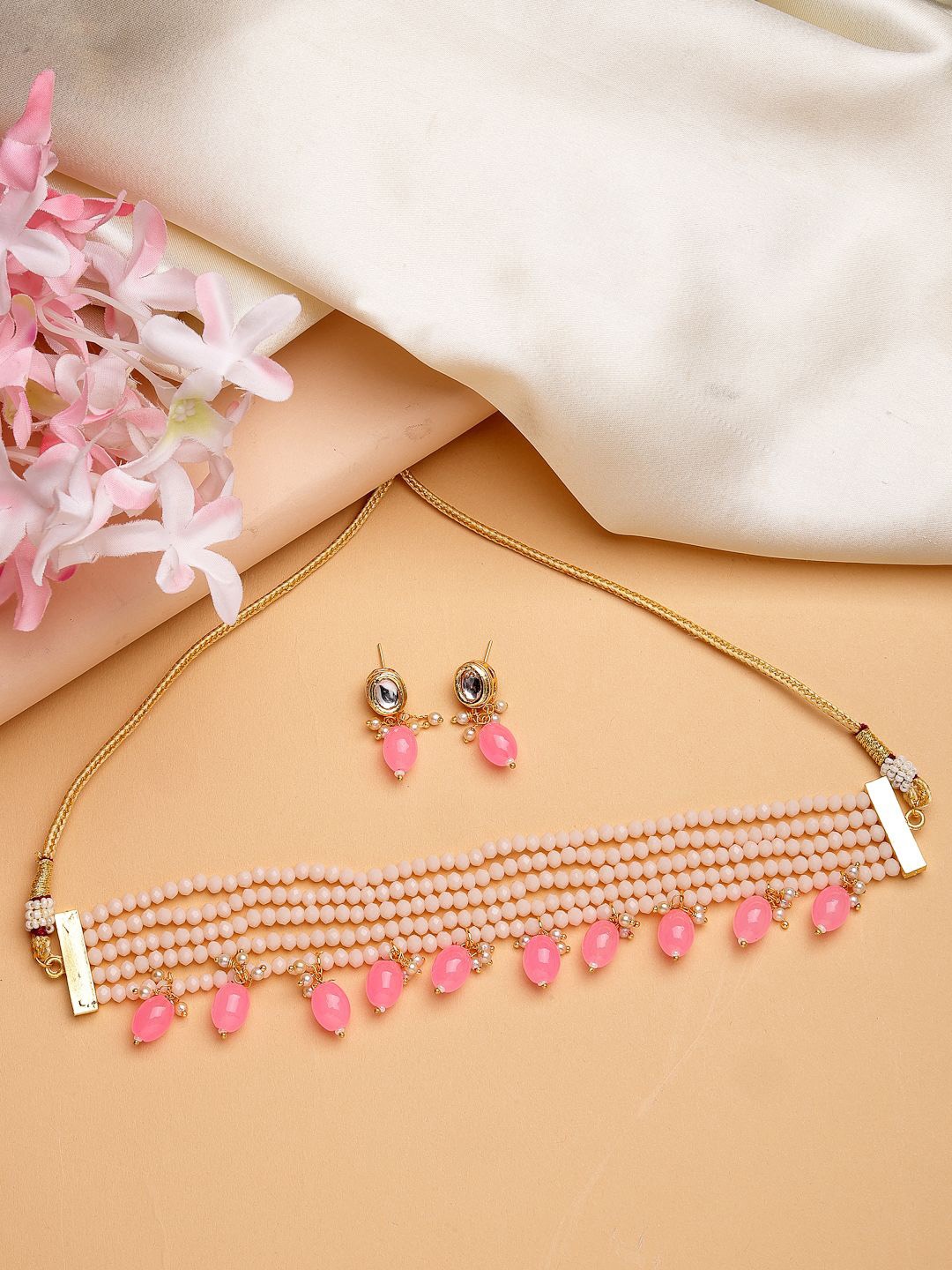 

NVR Girls Gold-Plated Kundan-Studded & Beaded Layered Jewellery Set