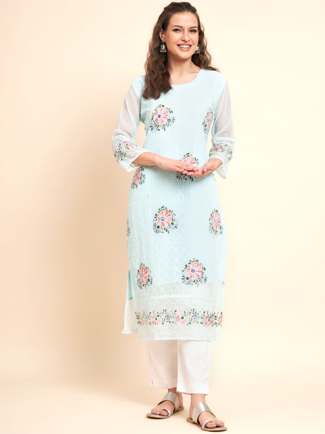 

HERE&NOW Women Floral Embroidered Thread Work Georgette Kurta, Blue