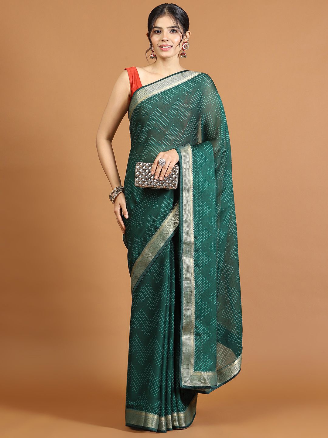 

Meena Bazaar Women Bandhani Printed Poly Chiffon Saree, Green