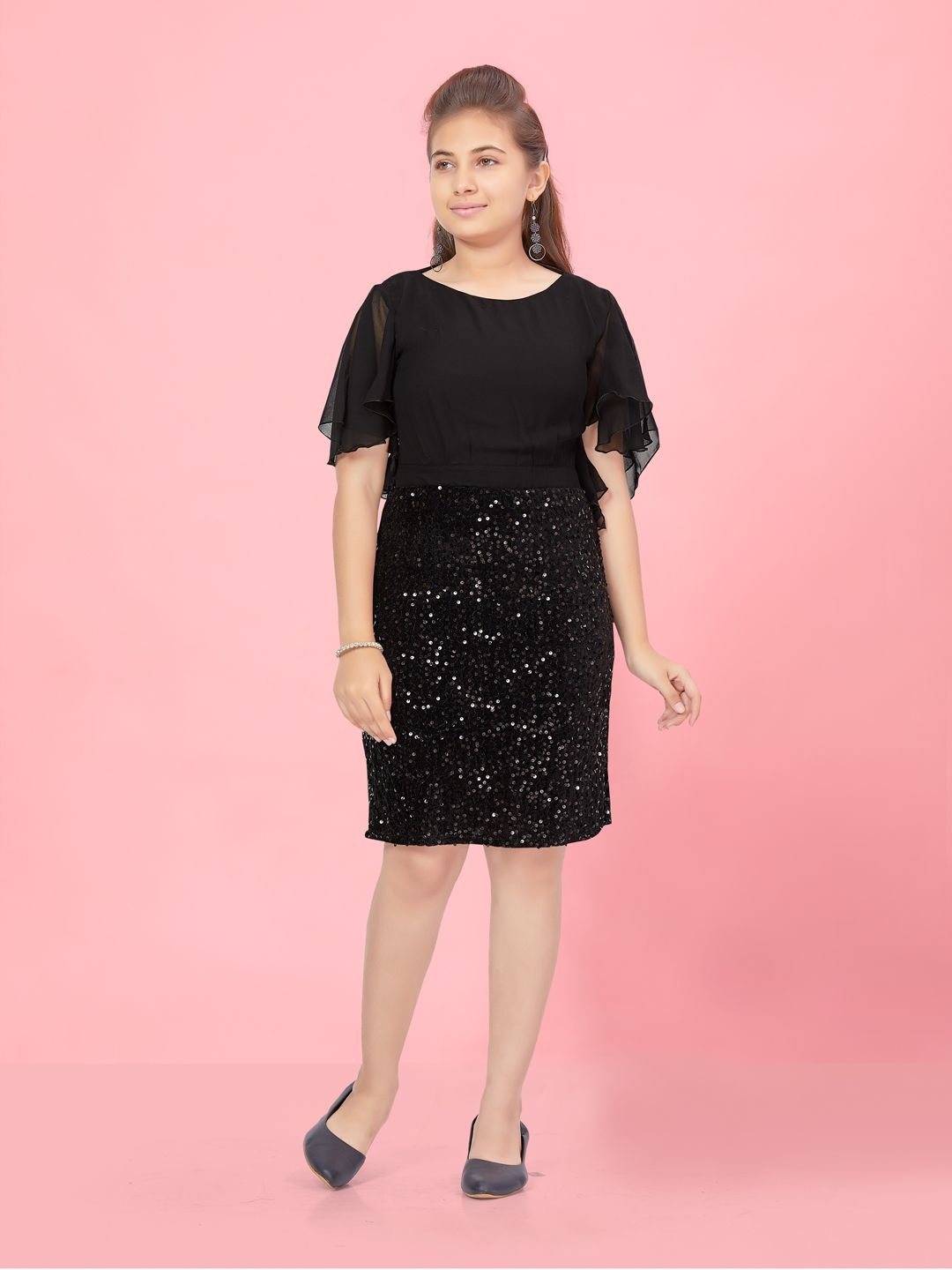 

HERE&NOW Flutter Sleeve Velvet Sheath Dress, Black