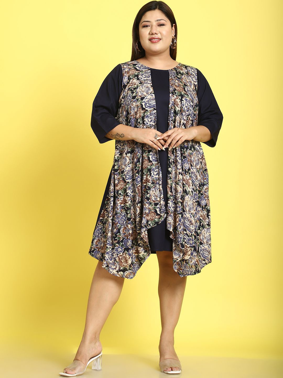 

theRebelinme Floral Print Layered A-Line Midi Dress, Navy blue