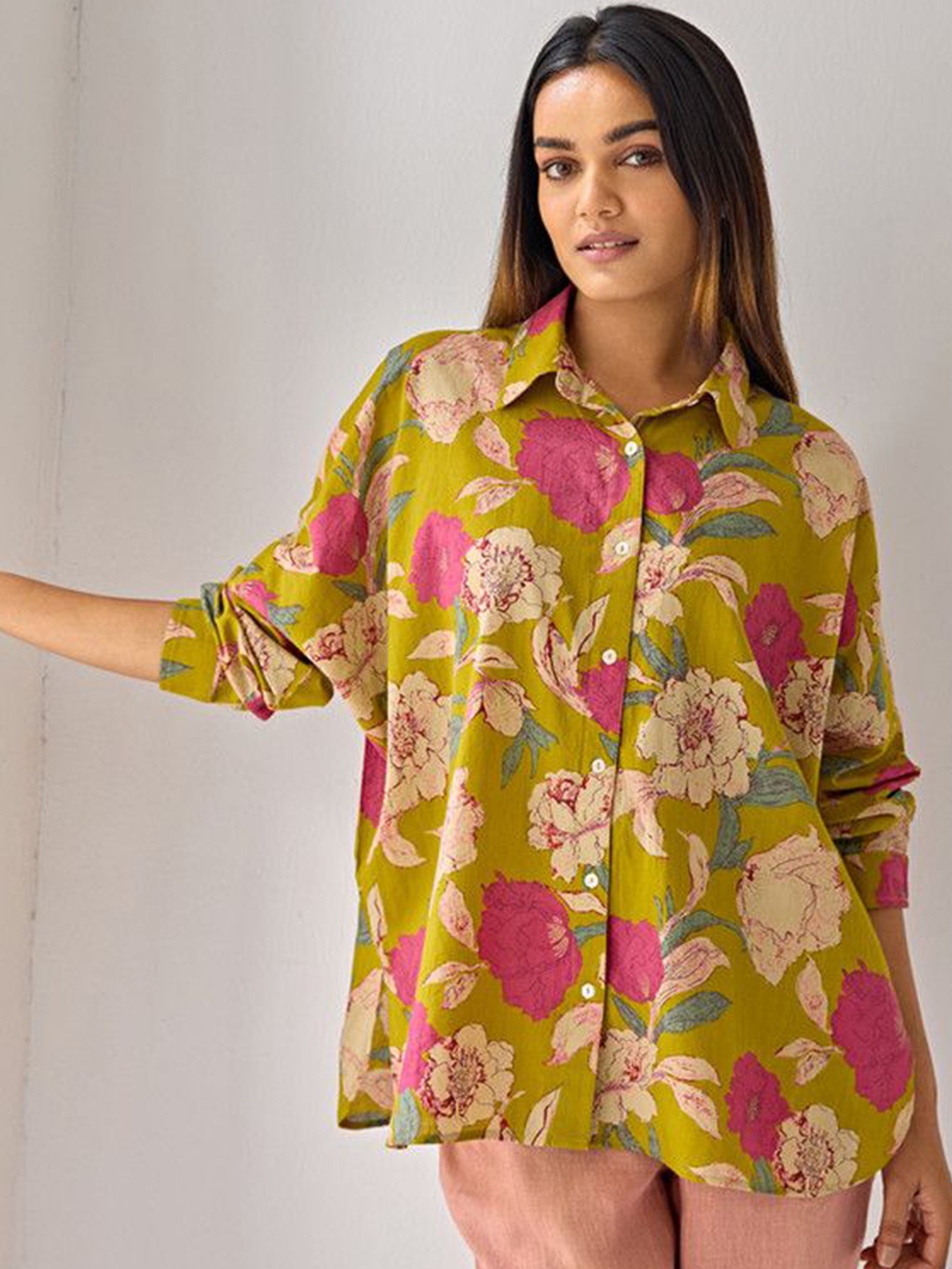 

Ancestry Women Spread Collar Floral Printed Cotton Casual Shirt, Mustard