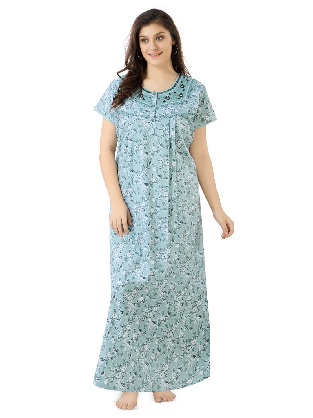 

Soulemo Floral Printed Pure Cotton Maxi Nightdress, Blue