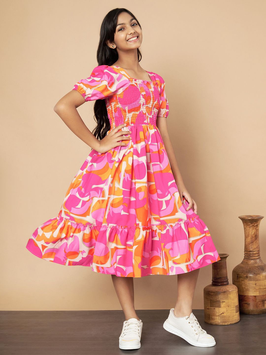 

OTABU Print Puff Sleeve A-Line Midi Dress, Orange