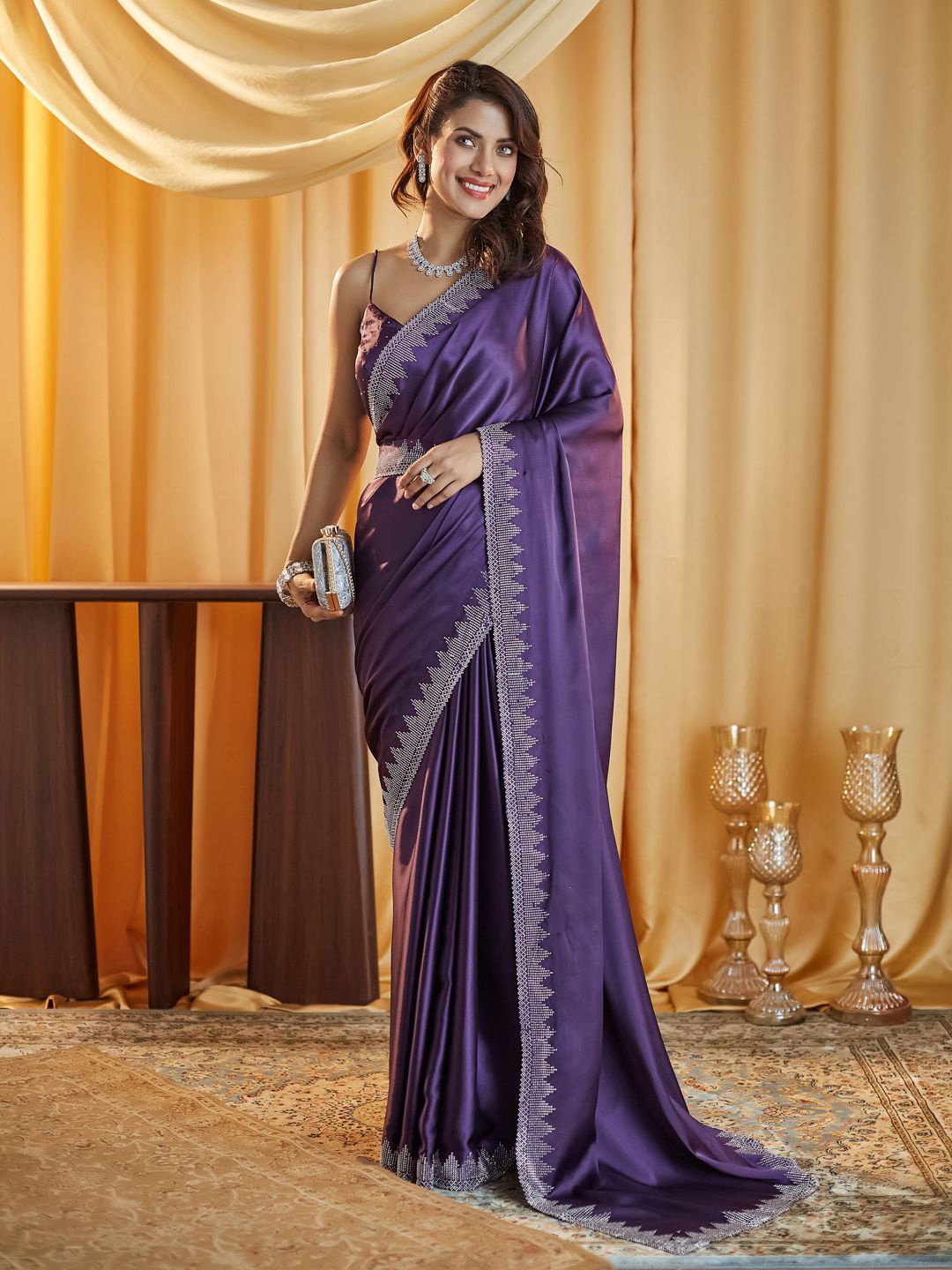 

kasee Beads and Stones Satin Saree, Purple