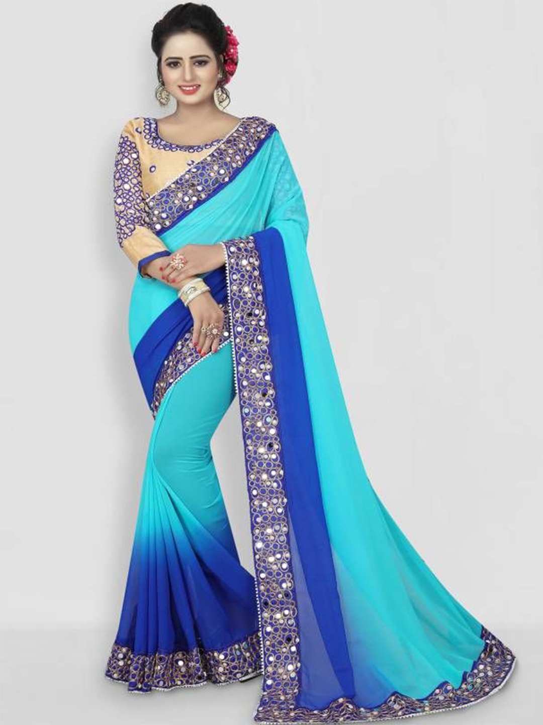 

Shiroya Brothers Colourblocked Embroidered Pure Georgette Saree, Blue