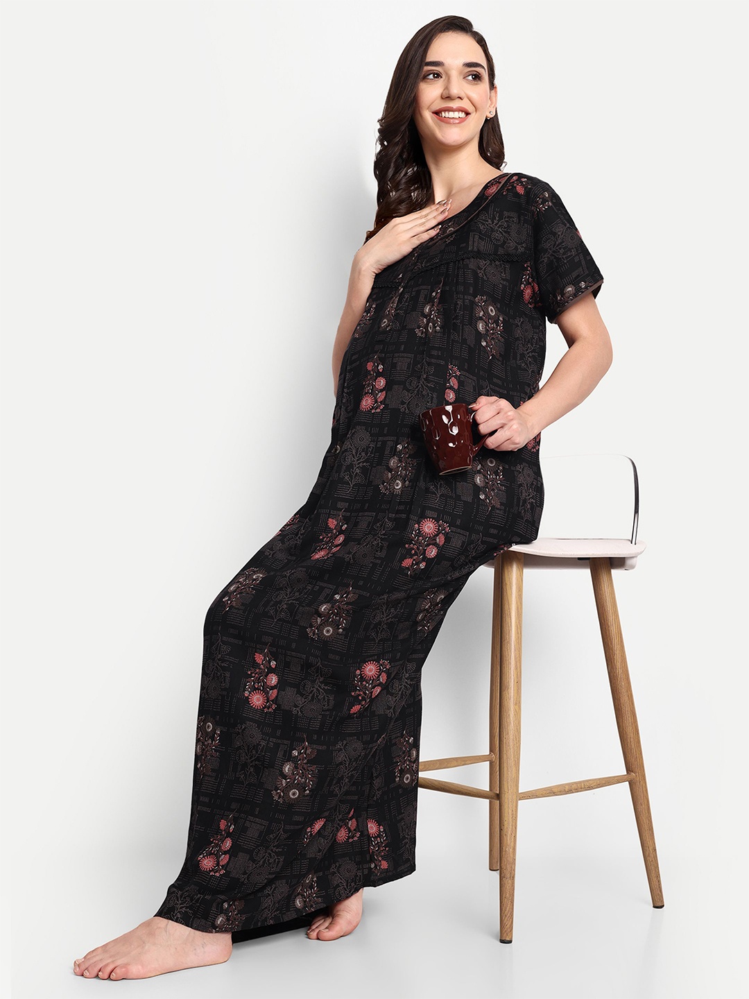 

THE MAMA KLUB Printed Maxi Nightdress, Black