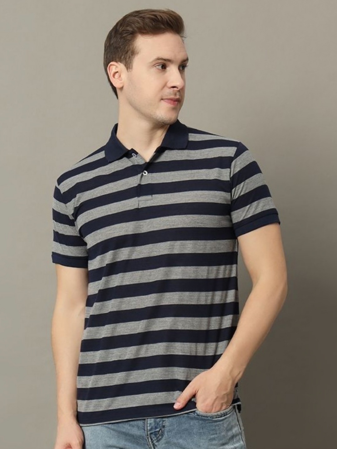

GET GOLF Men Striped Polo Collar Cotton T-shirt, Navy blue